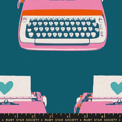 Ruby Star Best Day Ever Typewriters Teal Canvas Fabric