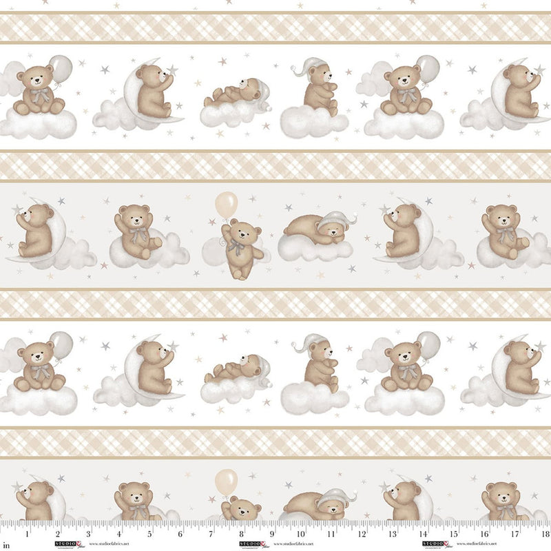 Studio E Sleepy Teddy Border Stripe Oatmeal Gray Fabric