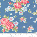 Moda A Cat Named Stitch Cabbage Rose Blue Fabric