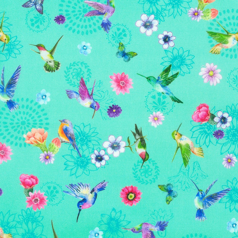 Robert Kaufman Desert Blooms Hummingbirds Aqua Fabric