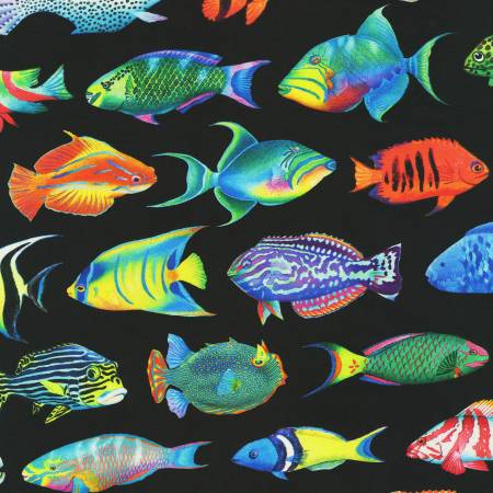 Robert Kaufman Coral Canyon Tropical Fish Black Fabric ONLINE PURCHASE ONLY