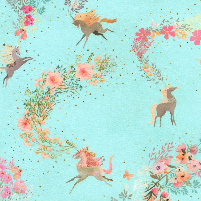 Robert Kaufman Unicorn Meadow Light Blue Unicorn Dance Fabric