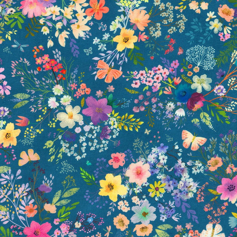 Robert Kaufman Unicorn Meadow Blue Floral Fabric