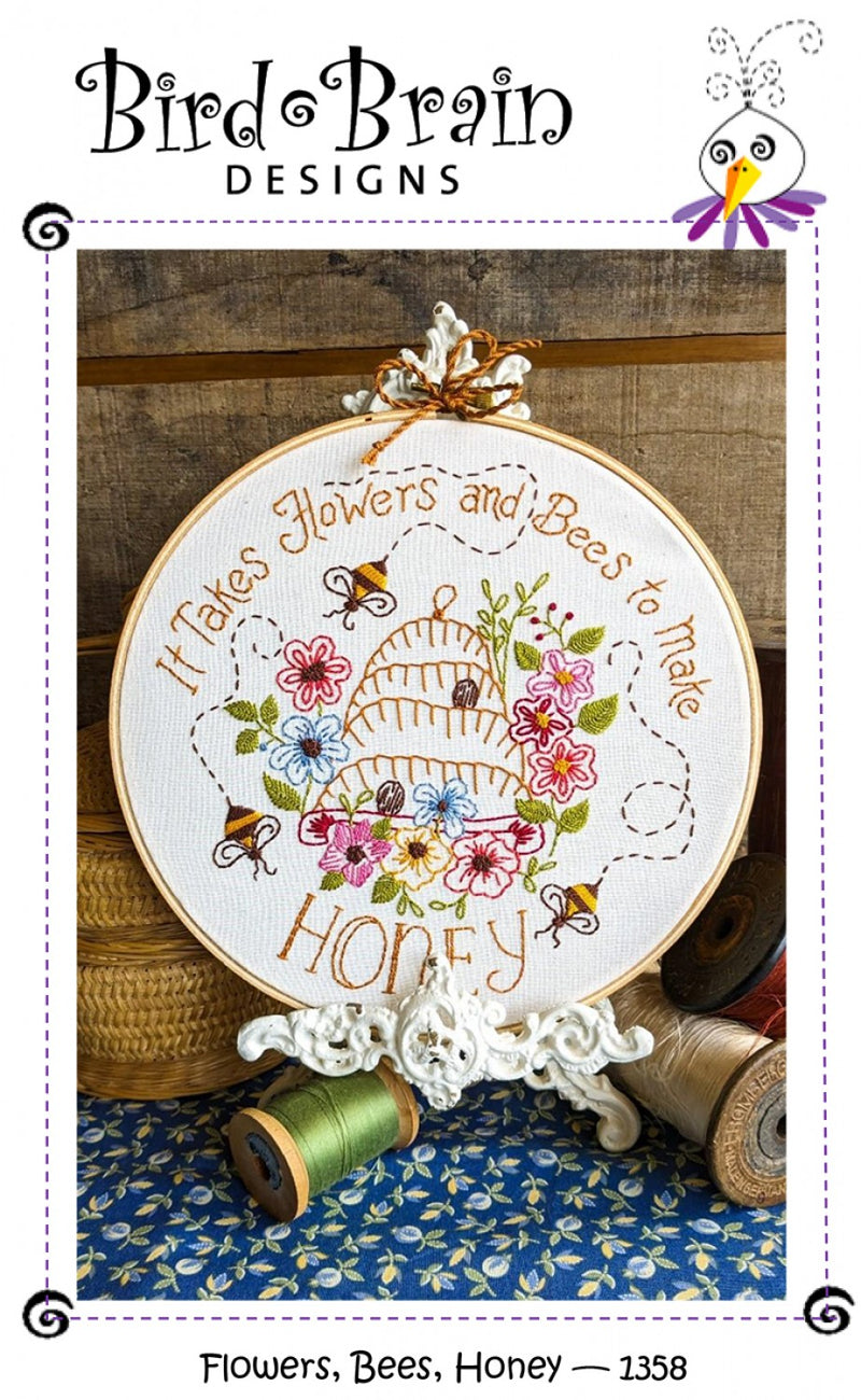 Bird Brain Flowers, Bees, Honey Embroidery Pattern