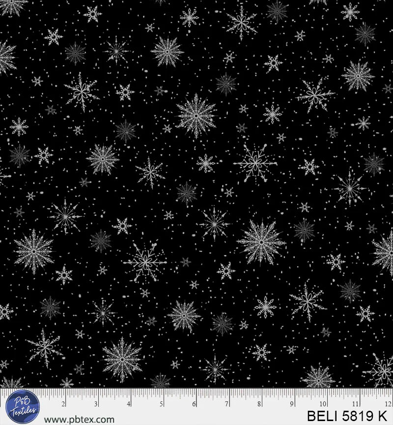 P & B Textiles Believe Snowflakes Black Fabric