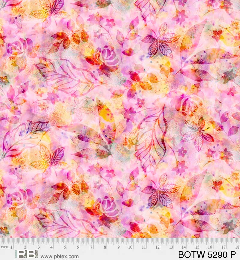 P & B Textiles Botanics Pink Foliage 108" Wide Back Batik Fabric