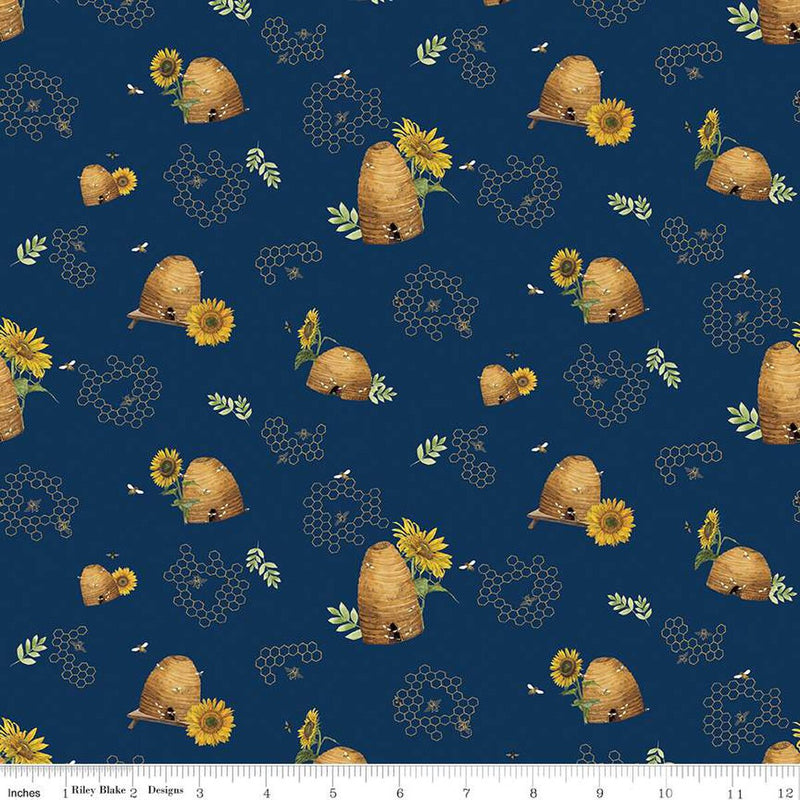 Riley Blake Honey Bees And Flowers Please Beehives Navy Fabric