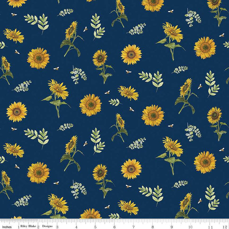 Riley Blake Honey Bees And Flowers Please Sunflowers And Bees Navy Fabric