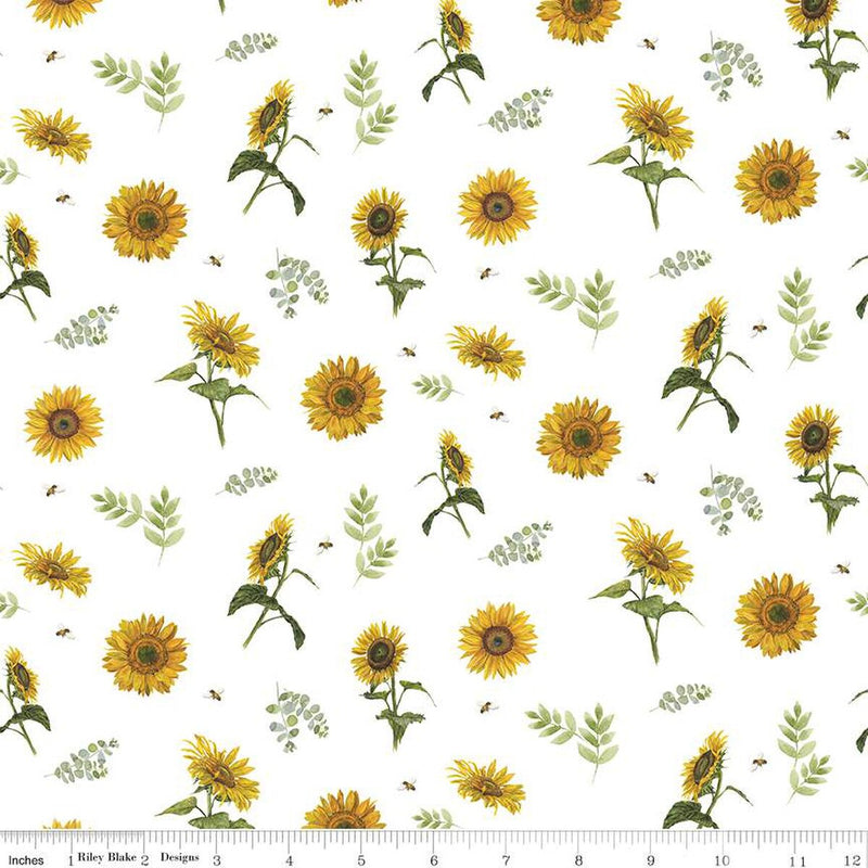 Riley Blake Honey Bees And Flowers Please Sunflowers And Bees White Fabric