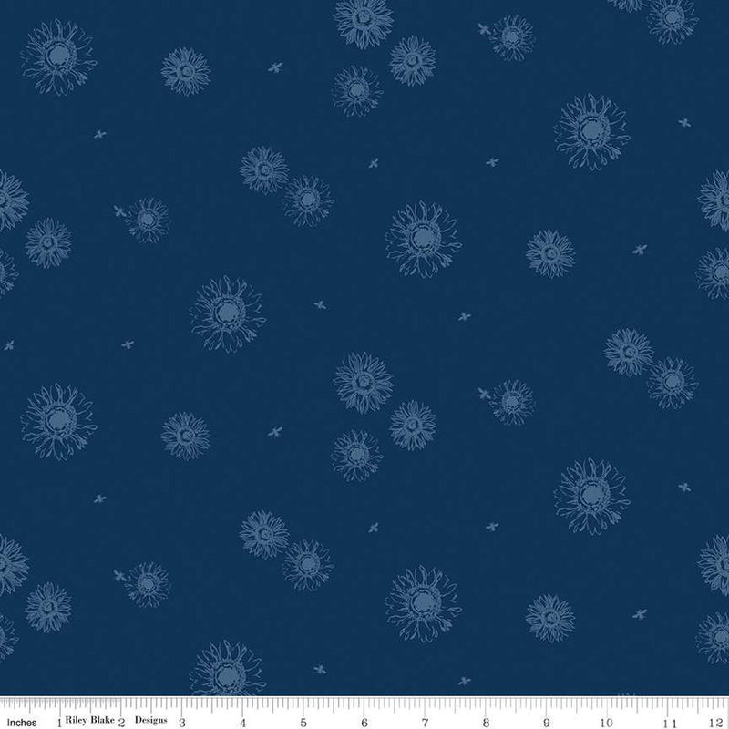 Riley Blake Honey Bees And Flowers Please Tonal Sunflowers Navy Fabric