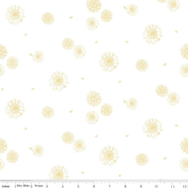 Riley Blake Honey Bees And Flowers Please Tonal Sunflowers White Fabric