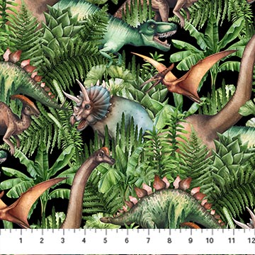 Northcott Paleo Tales Black Multi Dino Jungle Fabric