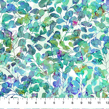 Northcott Dragonfly Dance Leaves White Teal Fabric