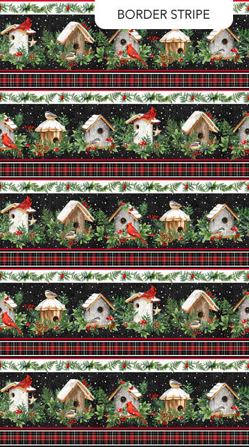 Northcott Winter Song Birdhouse Border Stripe Fabric