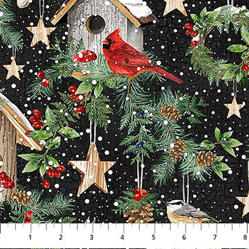 Northcott Winter Song Birdhouse Feature Black Multi Fabric