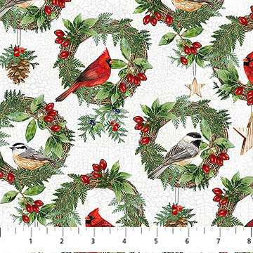Northcott Winter Song Wreaths White Multi Fabric