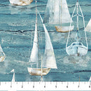 Northcott Smooth Sailing Large Sail Boats Medium Blue Fabric