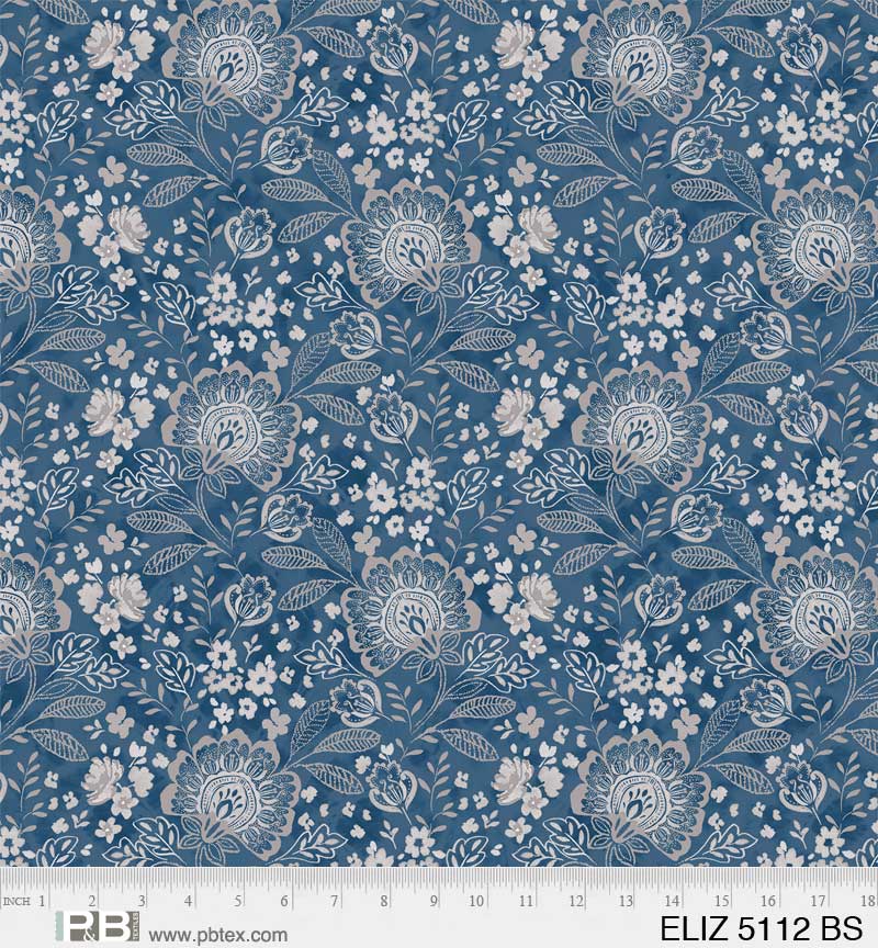 P & B Textiles Elizabeth Jacobean Allover Blue Silver Wide Back Fabric