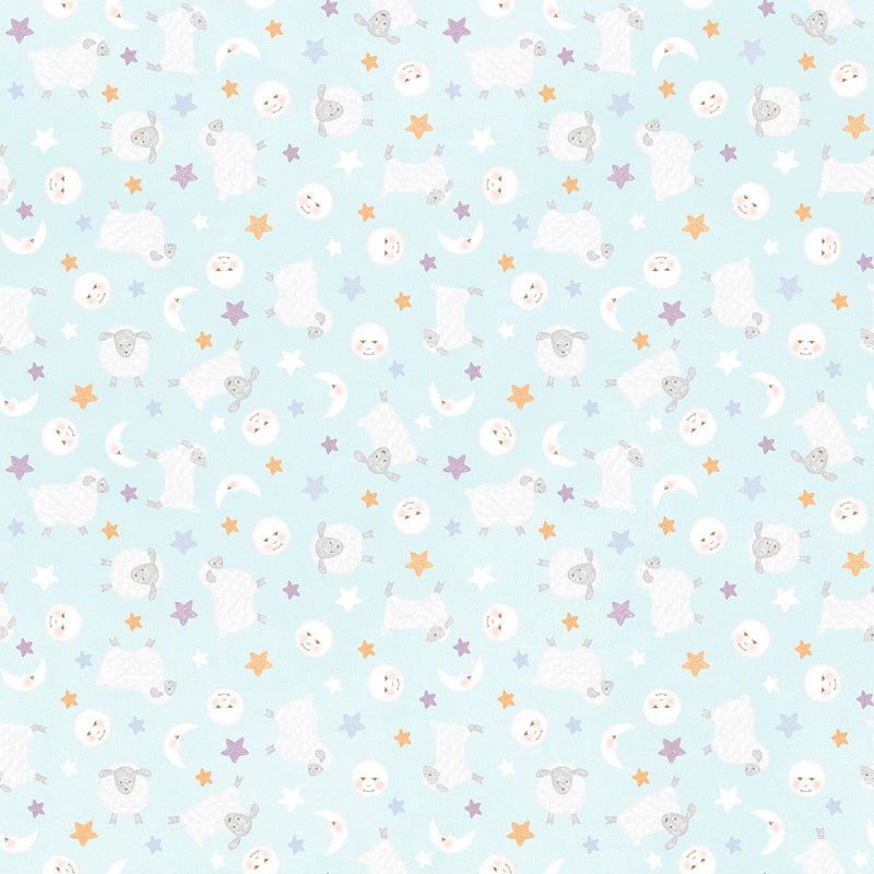 Maywood Studio Little Chicks Lambies And Moon Aqua Flannel Fabric