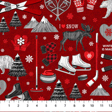 Northcott Cozy Up Winter Pastimes Red Multi Flannel Fabric