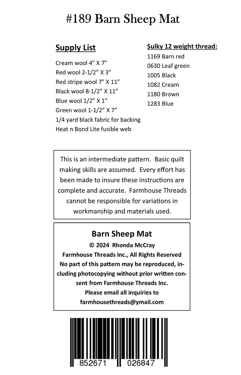 Farmhouse Threads Barn Sheep Wool Mat Pattern