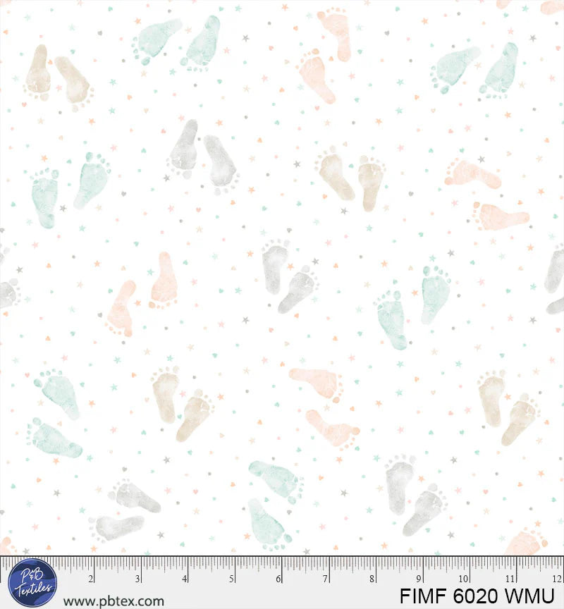 P & B First Impressions Footprints White Flannel Fabric