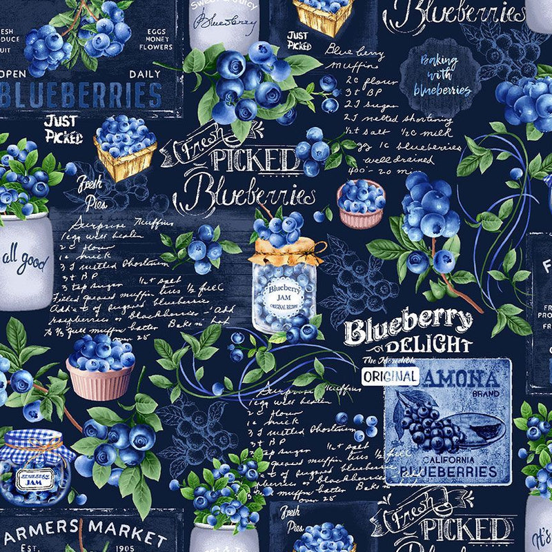 Timeless Treasures Summer Picnic Blueberry Chalkboard Navy Fabric