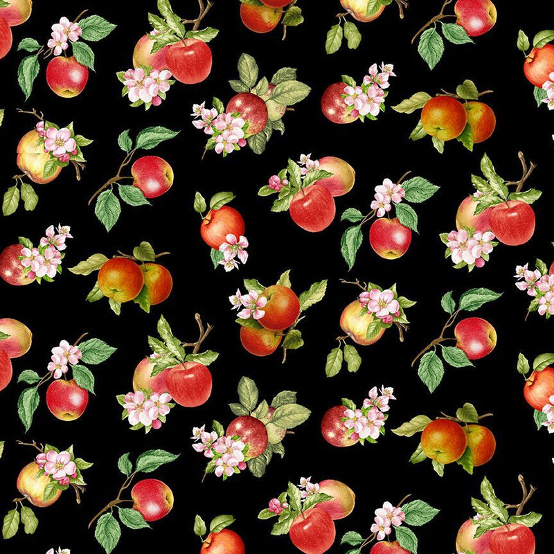 Timeless Treasures Orchard Valley Black Tossed Apples With Leaves Fabric