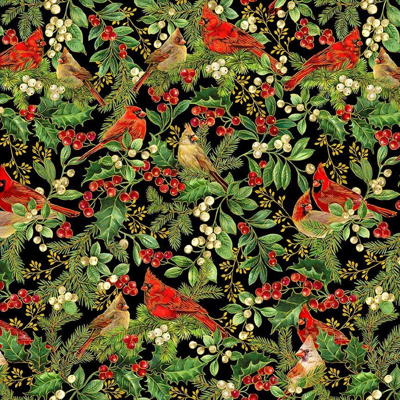 Timeless Treasures Holiday Magic Cardinal On Branches Black Fabric