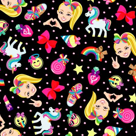 Springs Creative JoJo Siwa Rainbow Emoji Black Fabric ONLINE PURCHASE ONLY