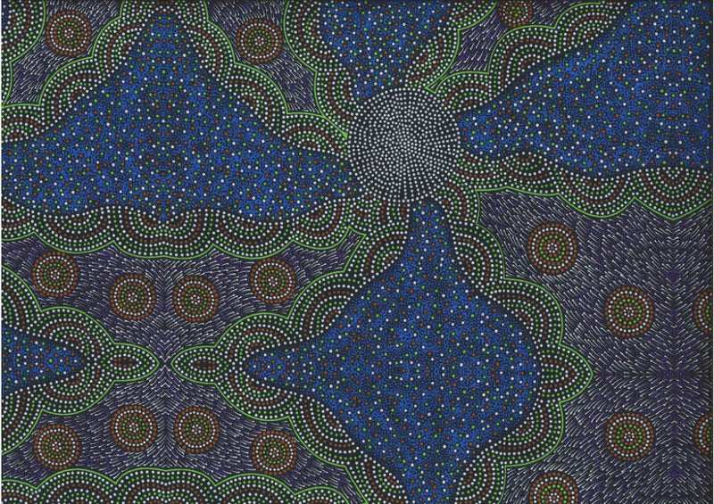 M&S Textiles Kangaroo Grass And Bush Waterhole Blue Fabric