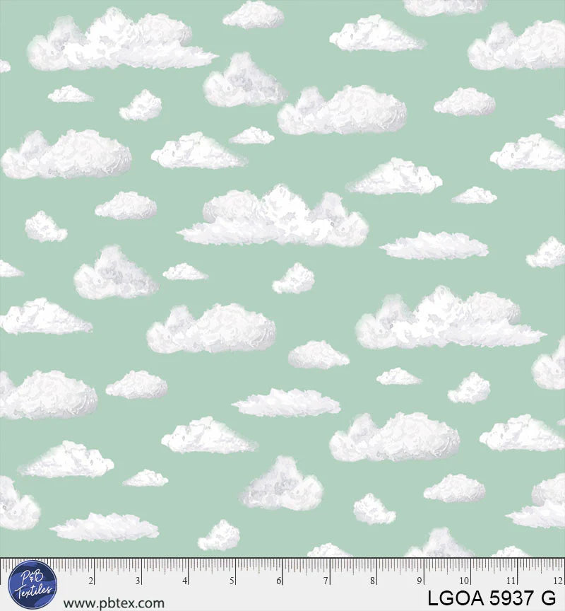 P & B Textiles Let's Go On An Adventure Passing Clouds Green Fabric