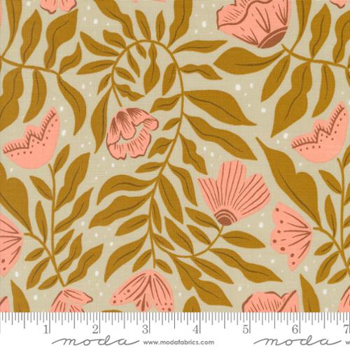 Moda Folk Lore Garden Tales Dancing Flowers Floral Mushroom Gray Fabric