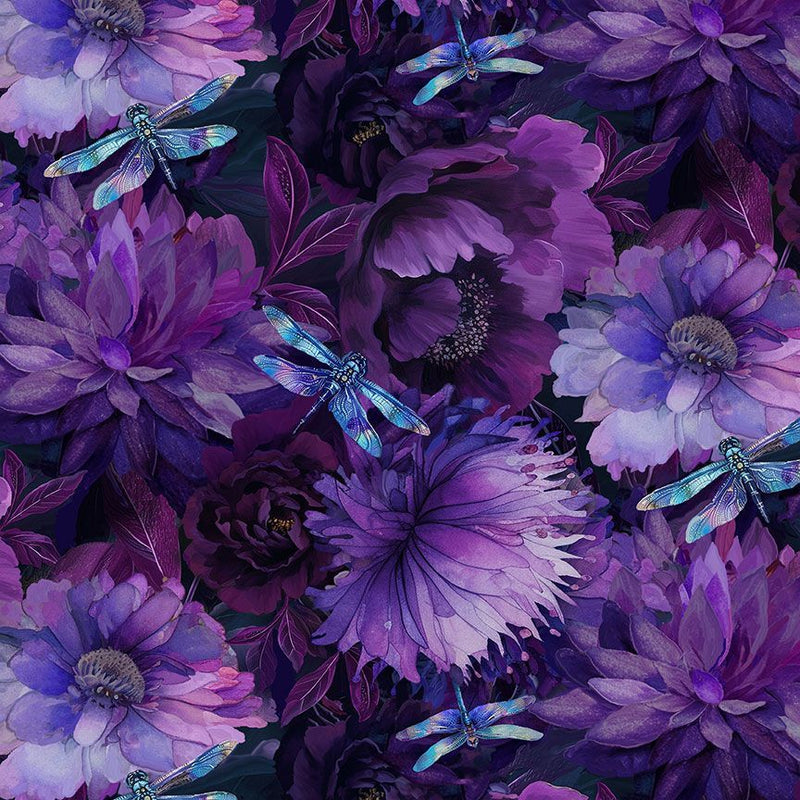 Timeless Treasures Dragonfly Mist Floral Dragonflies Purple Fabric