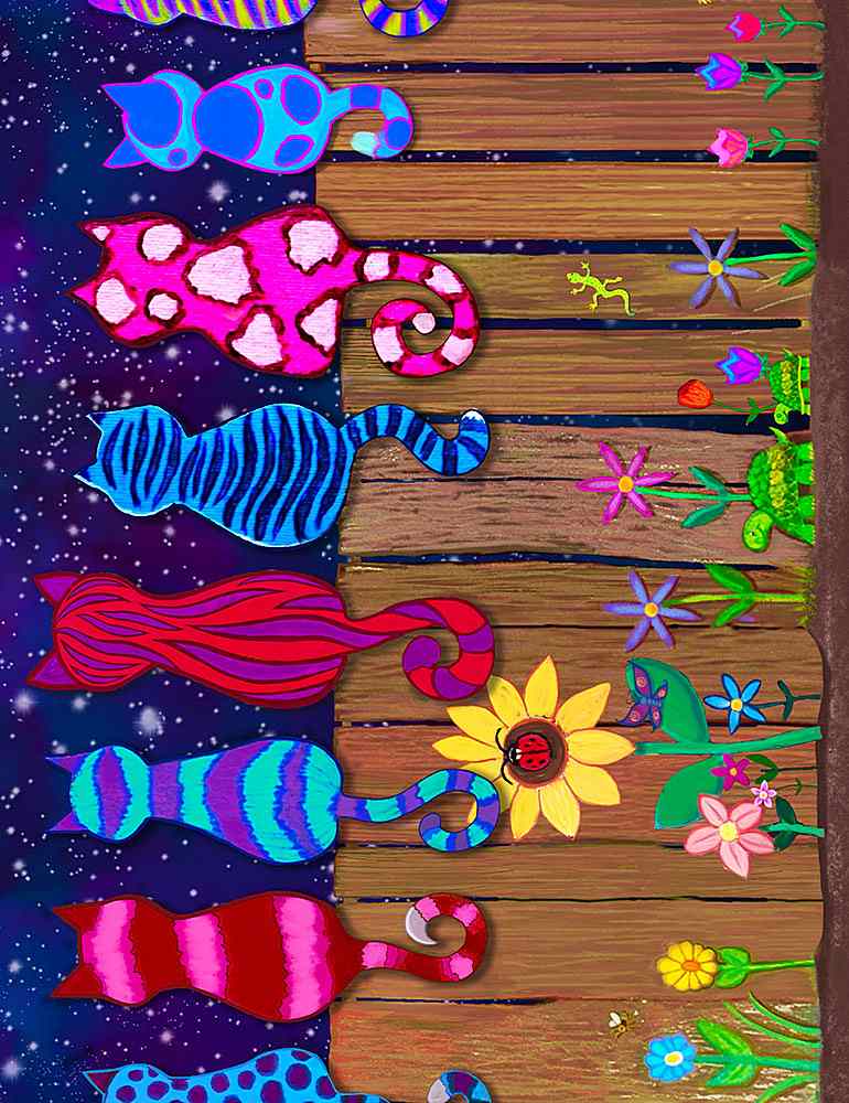 Timeless Treasures Purrfect Colorful Cats On A Fence Border Stripe Fabric