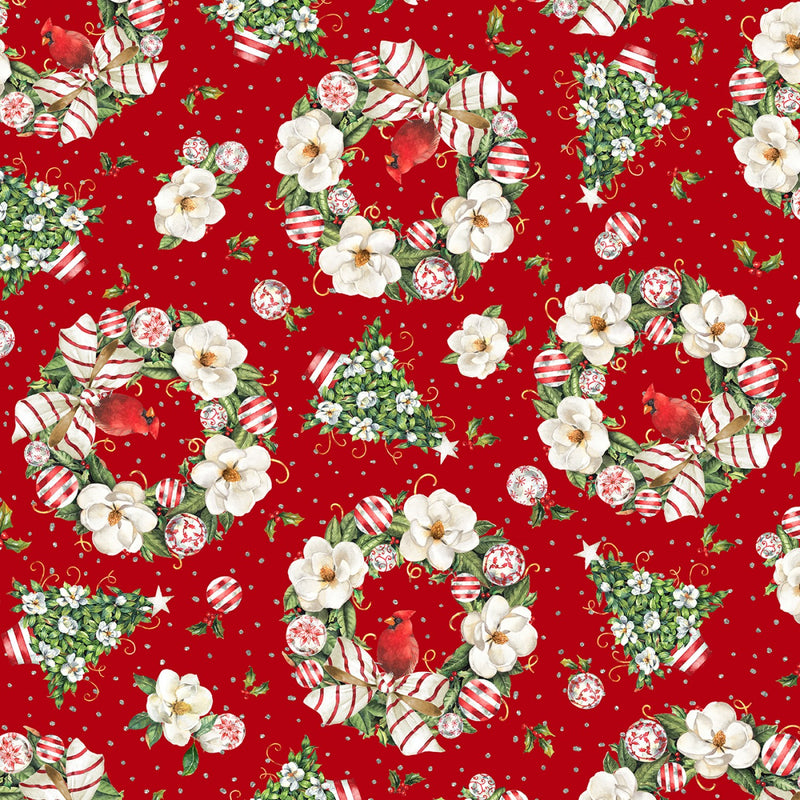 P & B Textiles Ornamental Christmas Tossed Wreathes Red Fabric