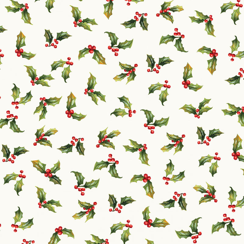 P & B Textiles Ornamental Christmas Tossed Holly Ecru Fabric