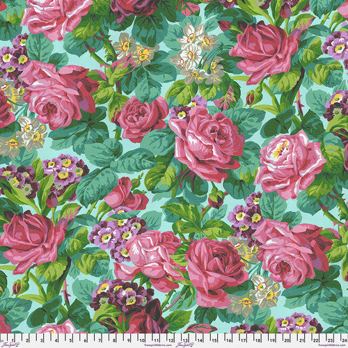 FreeSpirit Cottage Garden Aqua Rose And Primulas Fabric