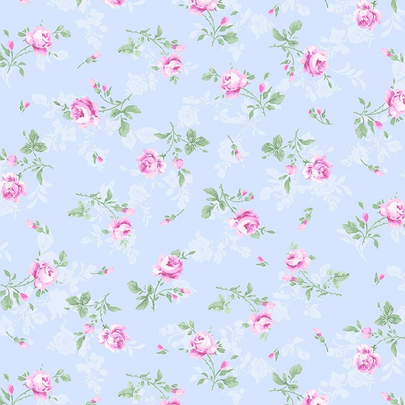 Timeless Treasures Cottage Tossed Antique Rose Blue Fabric