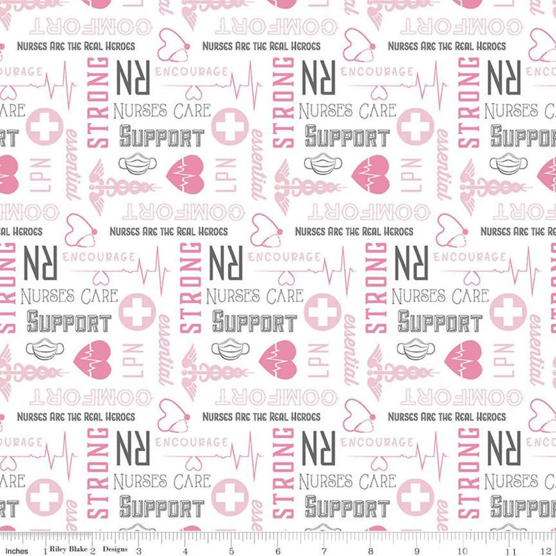 Riley Blake Nobody Fights Alone RN Nurse Medical Words Pink White Fabric ONLINE ONLY