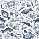 Robert Kaufman Catch Of The Day Sea Creatures Toss Navy Blue Fabric ONLINE PURCHASE ONLY