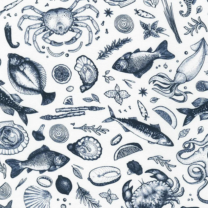 Robert Kaufman Catch Of The Day Sea Creatures Toss Navy Blue Fabric ONLINE ONLY