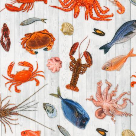 Robert Kaufman Catch Of The Day Seafood Toss White Wood Fabric ONLINE ONLY