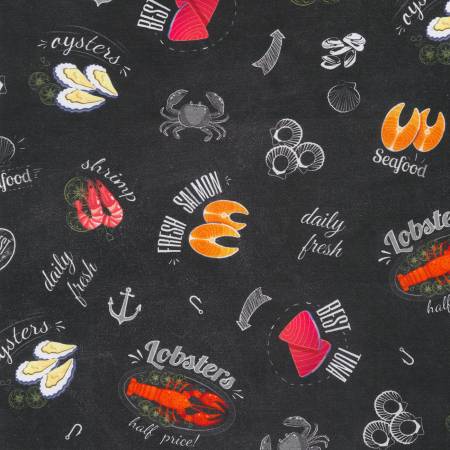 Robert Kaufman Catch Of The Day Seafood Chalkboard Black Fabric ONLINE ONLY