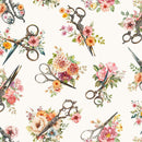 Timeless Treasures Happy Tossed Floral Scissors Cream Fabric