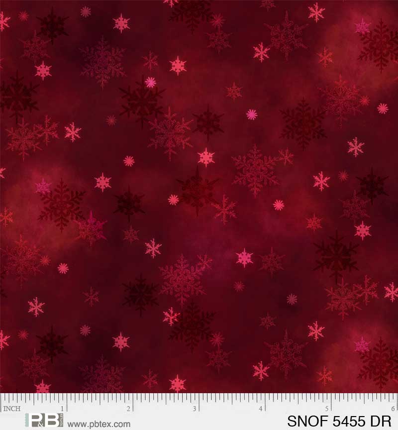 P & B Textiles Snowfall Layered Snowflakes Dark Red Fabric