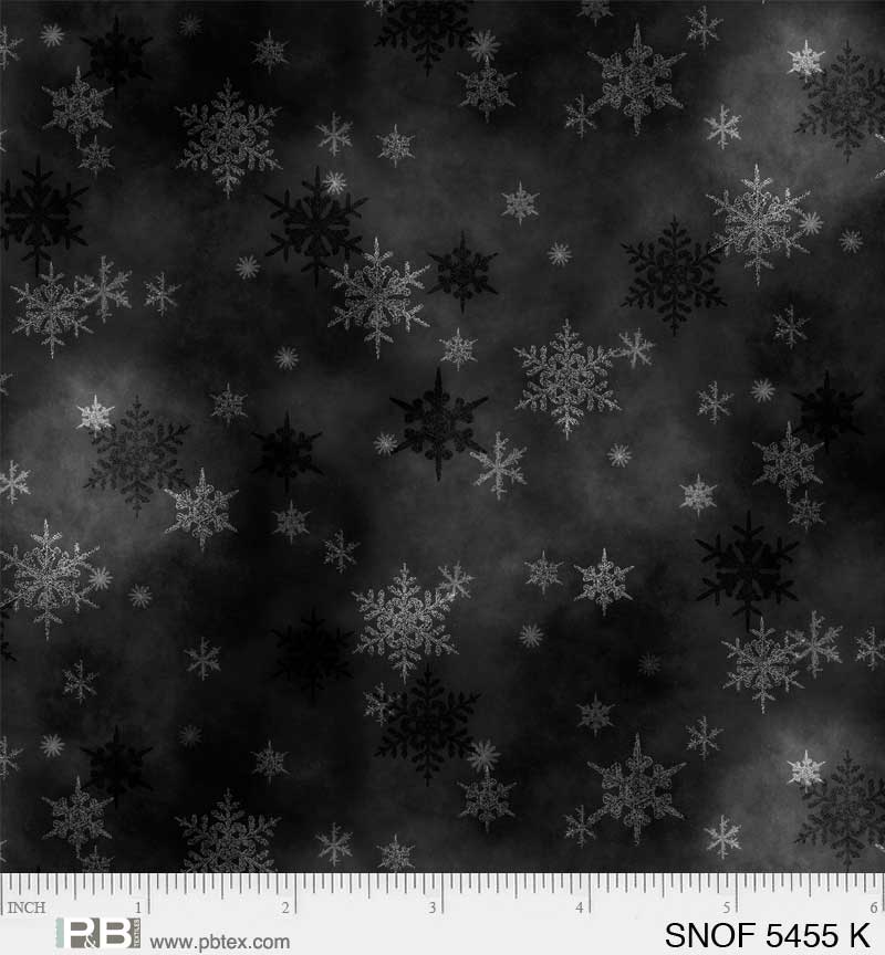 P & B Textiles Snowfall Mini Snowflakes Black Fabric