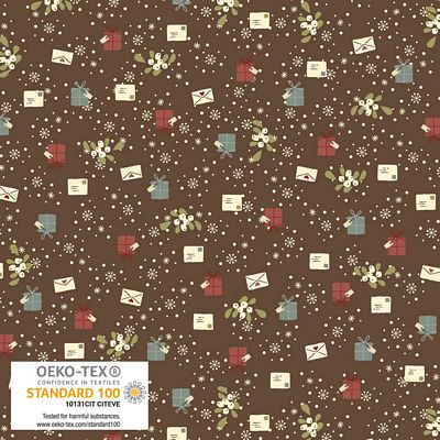 Stof Snow Is Falling Letters And Gifts Brown Fabric