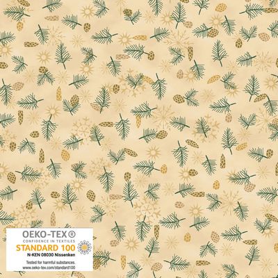 Stof We Love Christmas Pine Cones Beige Gold Fabric