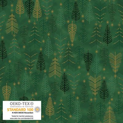 Stof We Love Christmas Trees Green Gold Fabric